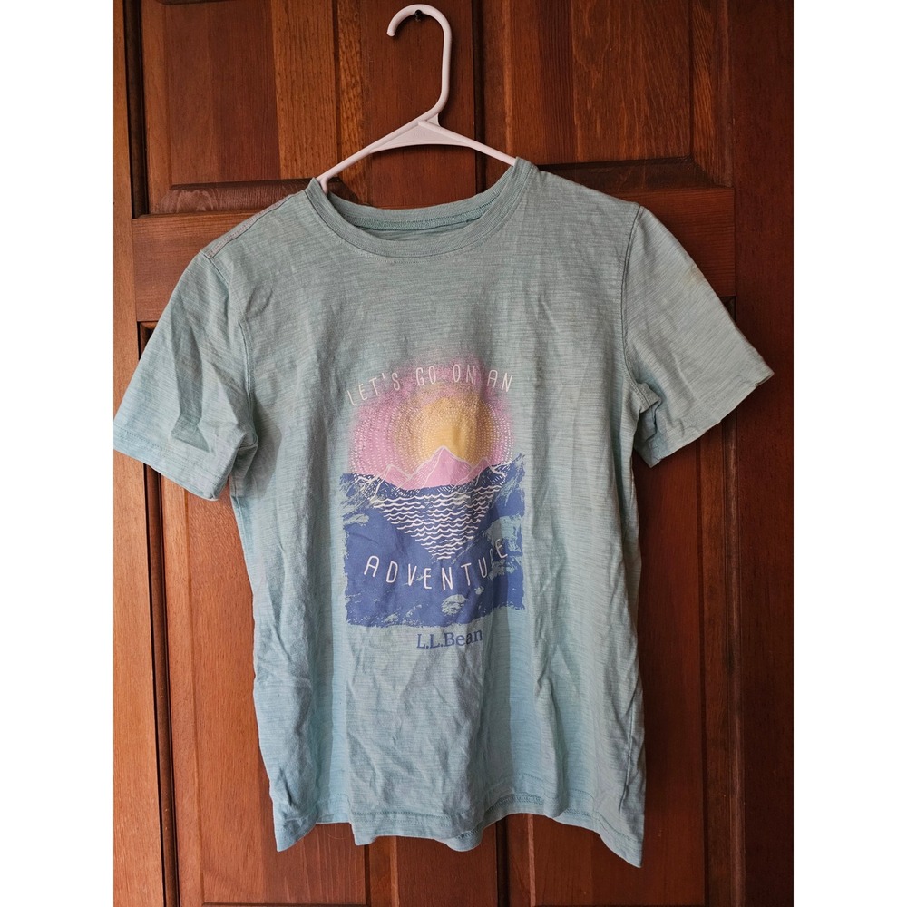 LL Bean Kids Let's Go On An Adventure Graphic Tee Light Teal Cotton L 14-16
